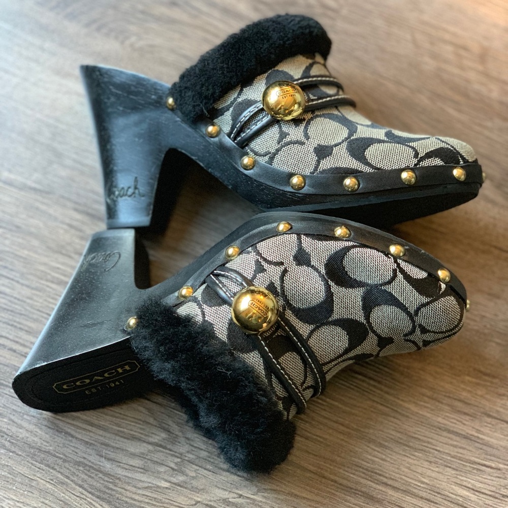 Coach Black & Grey Logo Ivanka Faux Fur Clogs - Picture 4 of 8